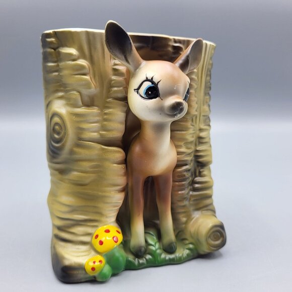 Vintage MCM Bambi Deer Vase Kitchy Planter Deer & Mushrooms Ceramic Table Decor - Picture 14 of 16